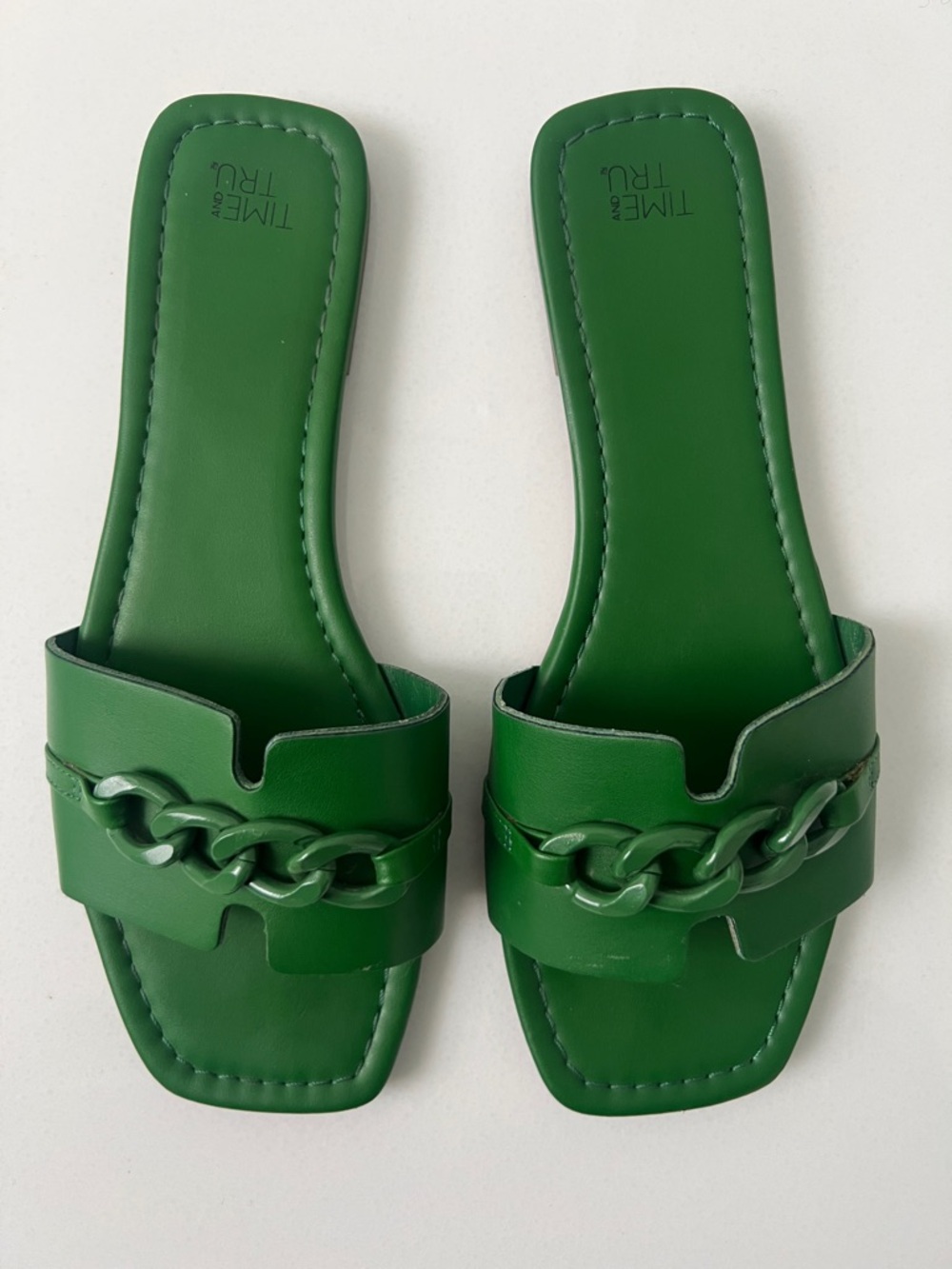 Time and Tru Green Chain-Trim Slide Mules